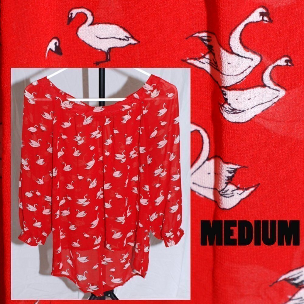 Forever 21 Womens Medium Swan Red Sheer Top Blouse Peekaboo back Scoop Neck EUC